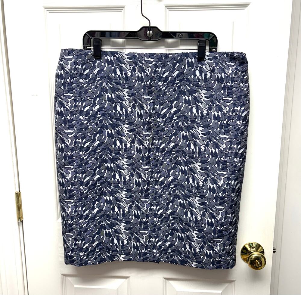 Ann Taylor Skirt Pencil Navy Blue White Pattern, Lined, Women's Size 14 16